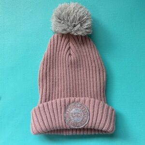 Herschel Kids Pink Ribbed Knit Beanie Pom Pom Logo Winter Outdoors Stretchy